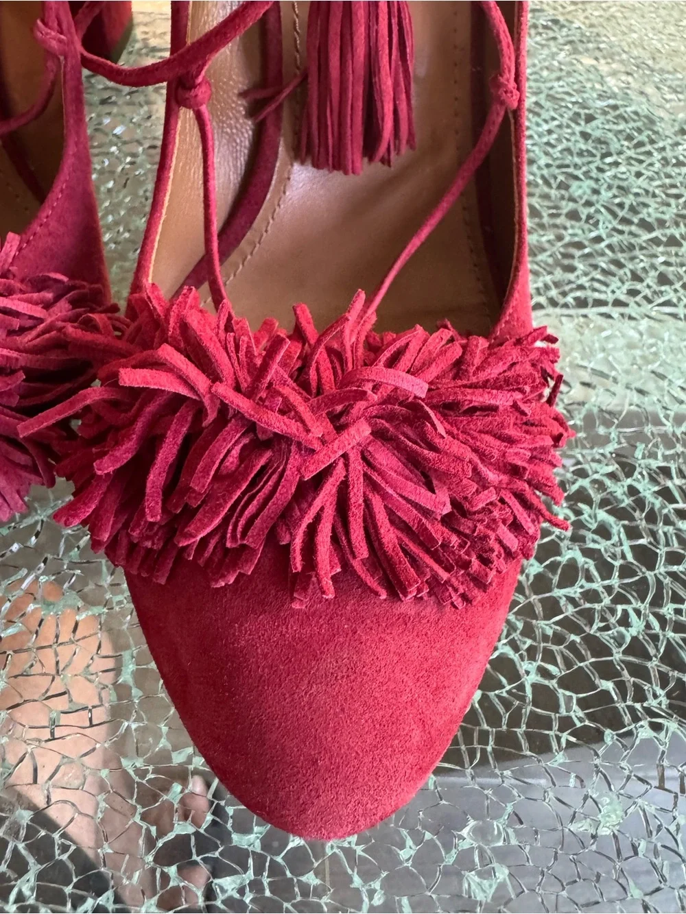 Aquazzura Women's Burgundy Tassel Lace-Up Pumps 40